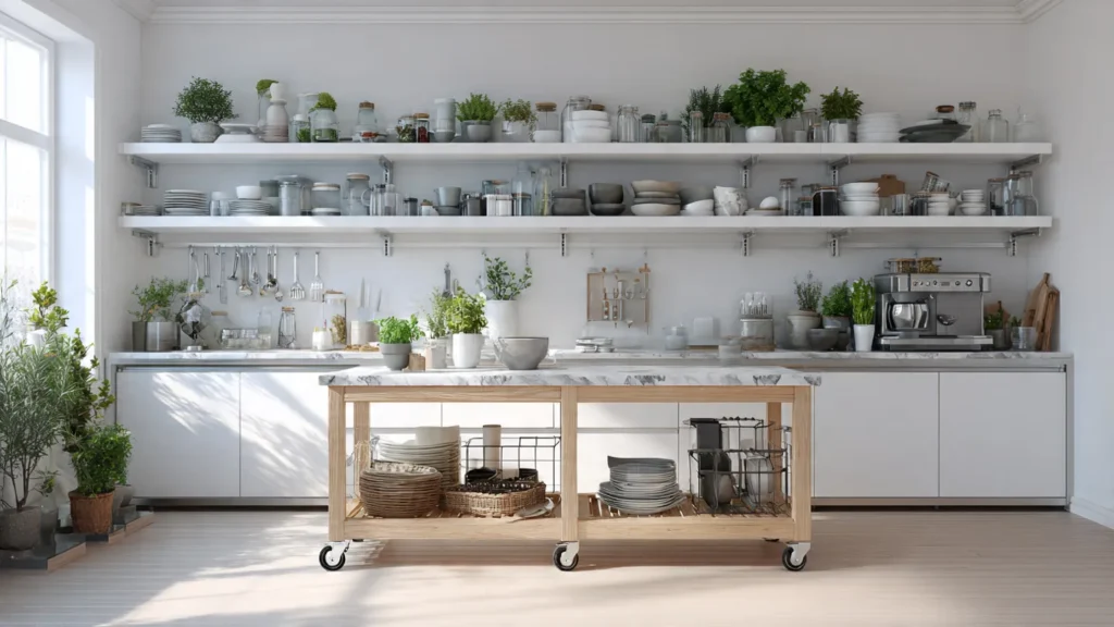 How to organize a small kitchen without cabinets?