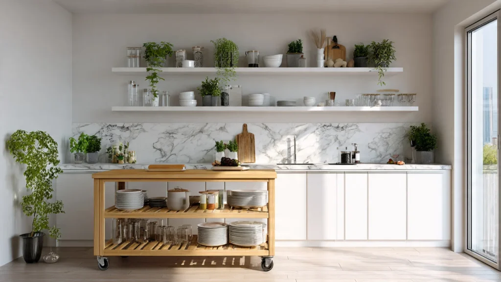 How to organize a small kitchen without cabinets?